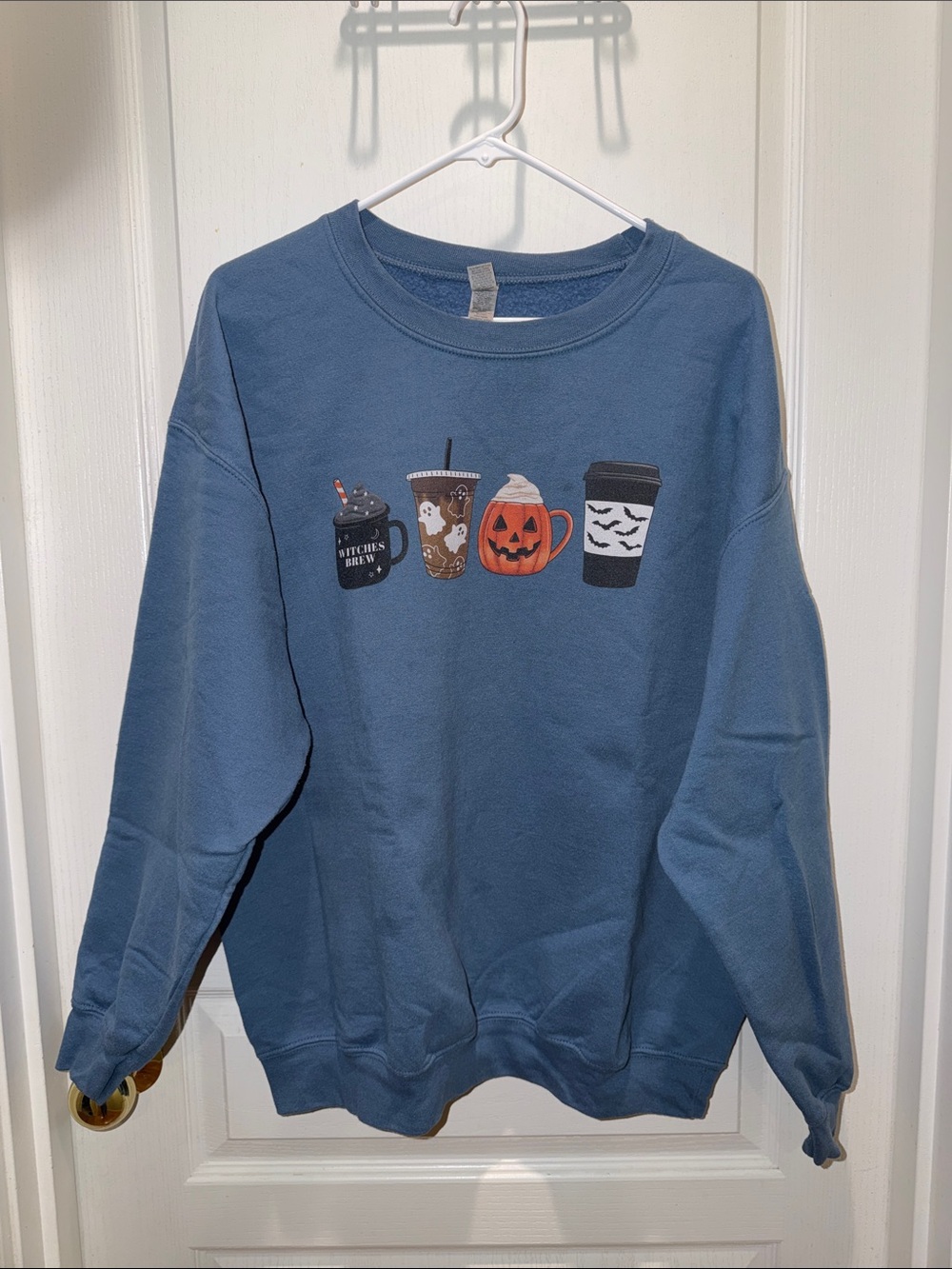 Gildan Blue Crewneck Sweatshirt with Halloween Drink Graphics